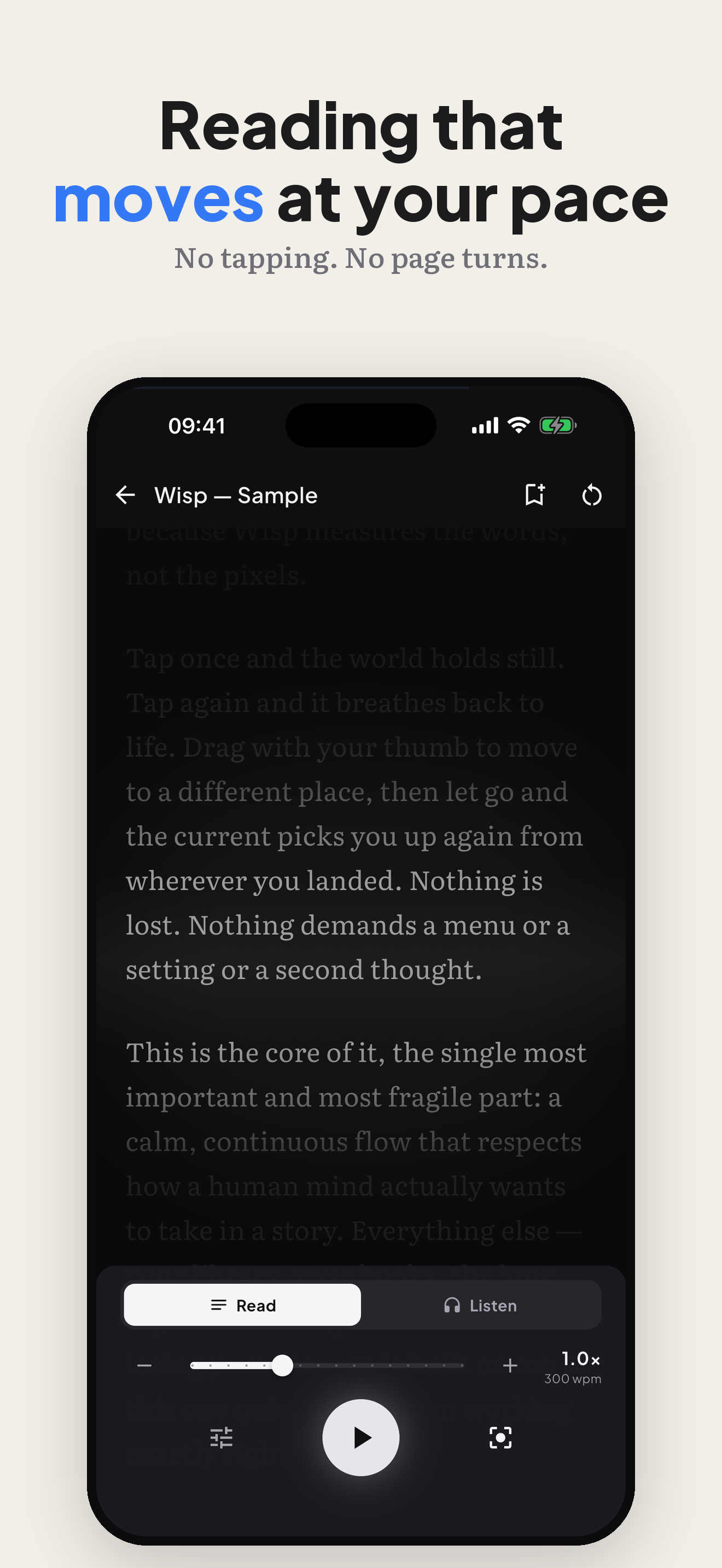 Reading that moves at your pace — reader screen auto-scrolling a book