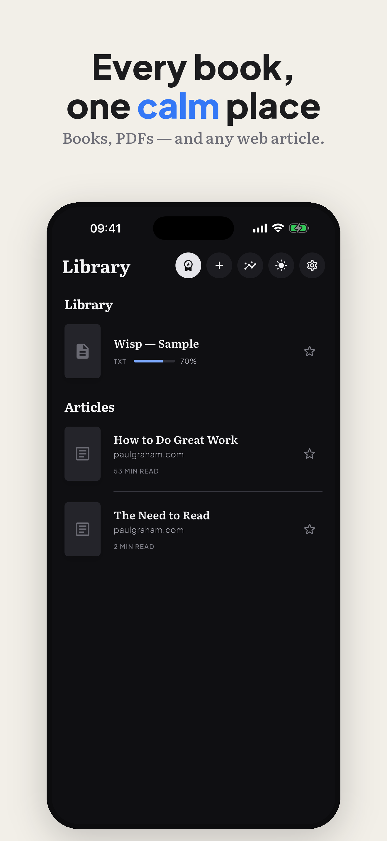 Every book, one calm place — library with imported books and progress
