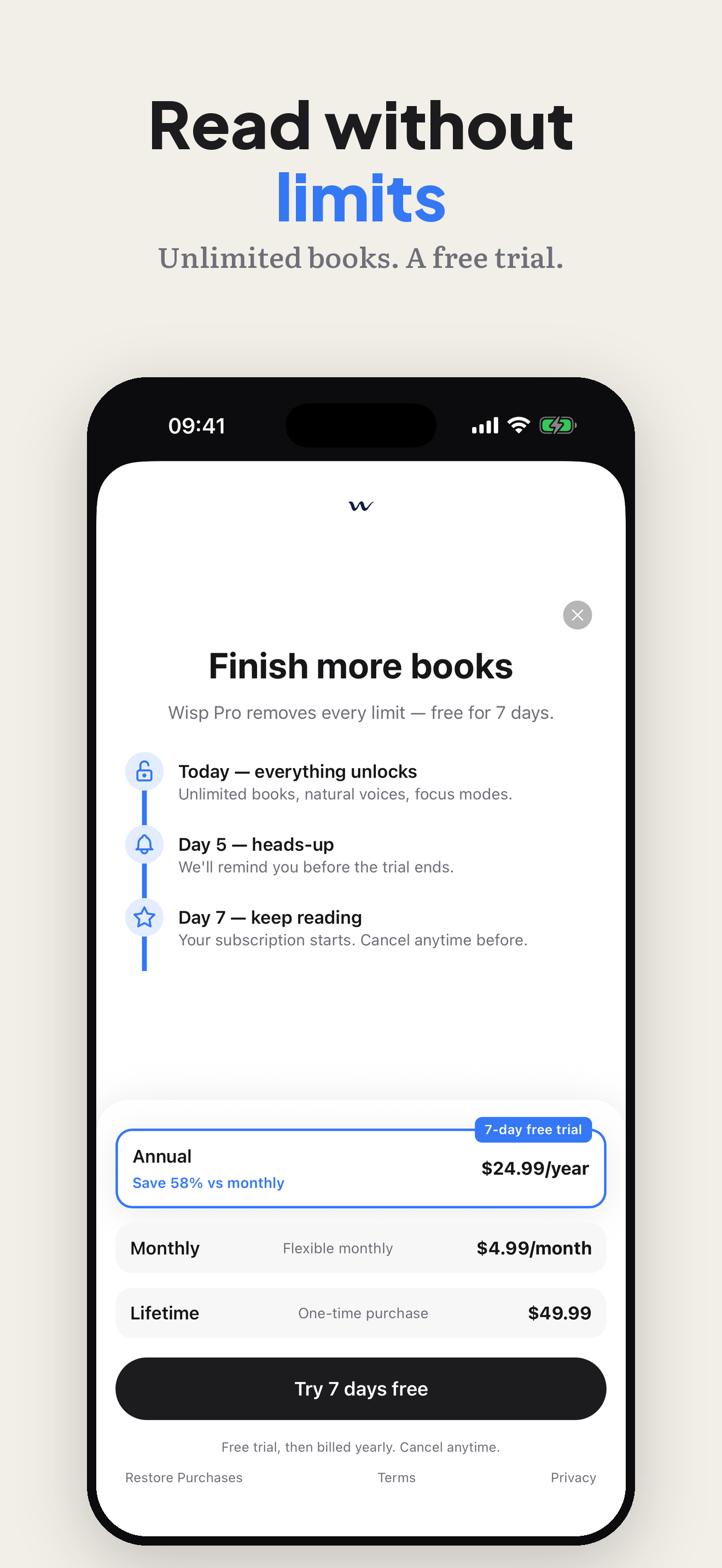 Read without limits — Wisp Pro plans with free trial